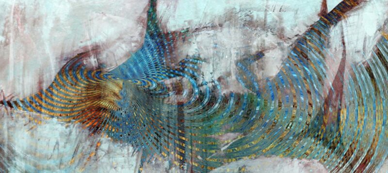 ציור אבסטרקט דיגיטלי של דג זהב דמיוני, בצבעי תכלת וטורקיז