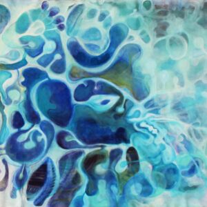 ציור אבסטרקט מקורי בצבעי אקריליק צורות אמורפיות בכחול וטורקיז