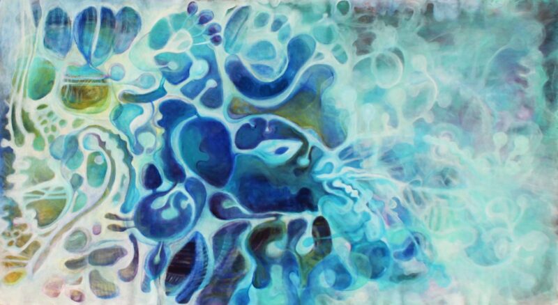 ציור אבסטרקט מקורי "גן עדן" בצבעי אקריליק צורות אמורפיות בכחול וטורקיז