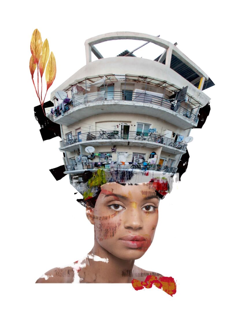 נערה כהת עור שעל ראשה בניין בהאוס תל אביבי ונוצה