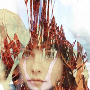 ציור דיגיטלי של נערה מביטה קדימה בתמימות עם זרדים חומים בראשה
