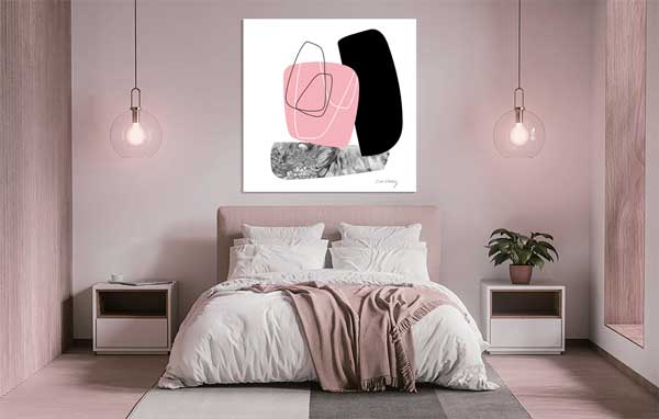 תמונה נורדית, קופוזיציה של צורות גרפיות בשחור וורוד בחדר השינה