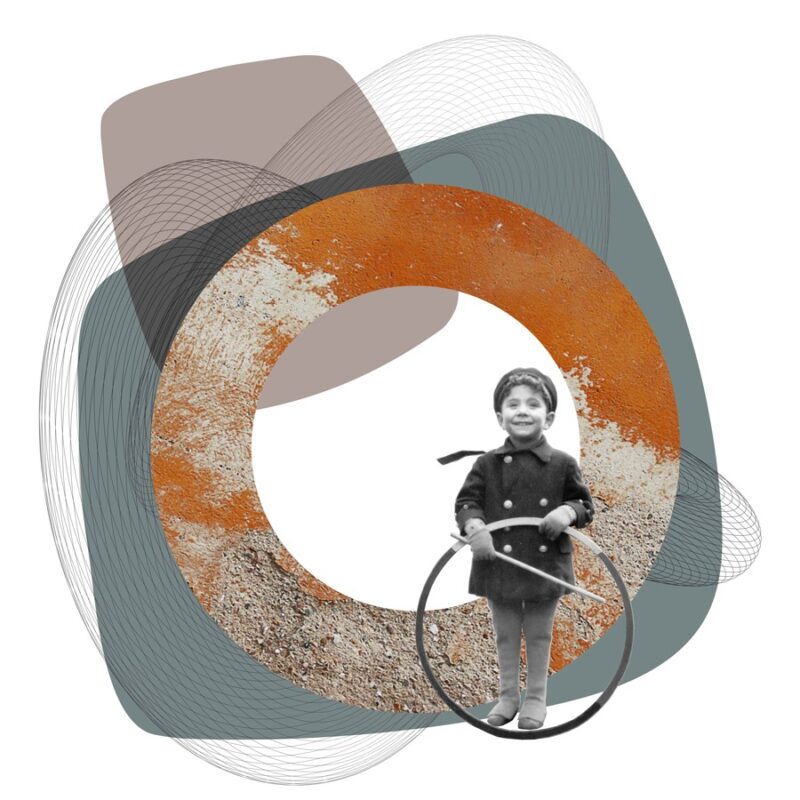 תמונת קולאז' דיגיטלי של ילד משחק עם גלגל