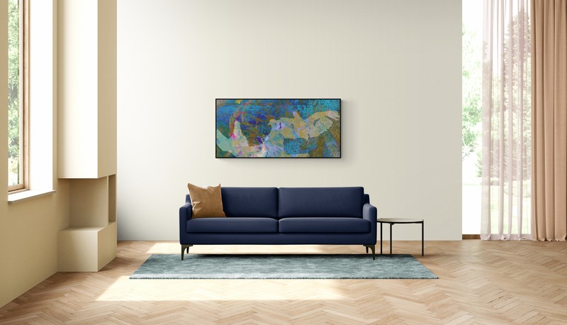 הדמיה של הציור "יונים" מעל הספה בסלון