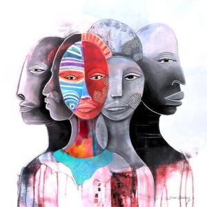ציור של משפחה אפריקאית עומדת מלוכדת. במרכז דמות צבעונית של האם