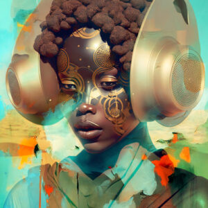 ציור צבעוני של נערה אפריקאית עם אוזניות גדולות עתידניות