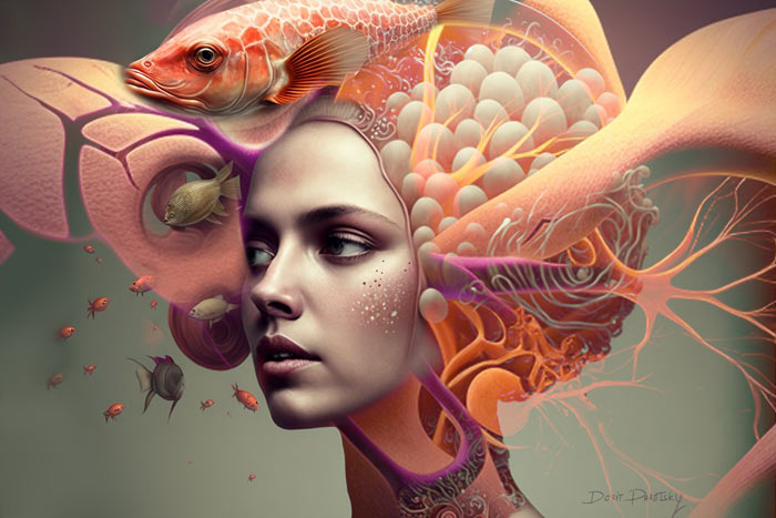 ציור דיגיטלי,של אשה עם דג על הראש