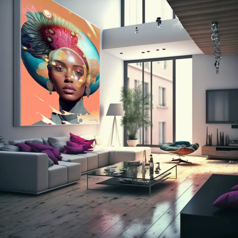 הציור אשה עם כובע בסלון מעל הספה